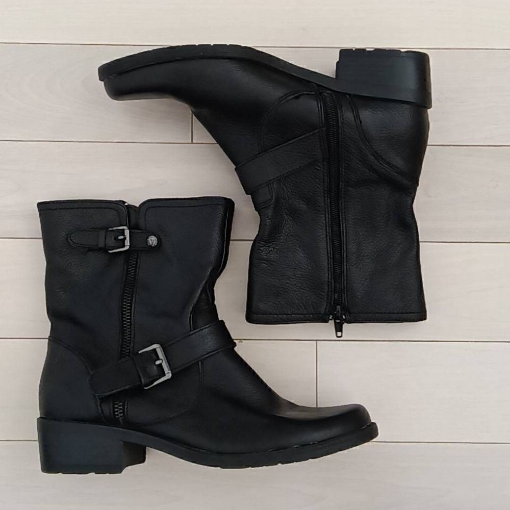 Anne Klein Women's Akleyna Leather Buckle Combat Moto Style Ankle Boots Black 7.